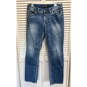 Silver Jeans Suki Surplus Straight Med Wash Low Rise Embroidery‎ Size 31/32 Logo